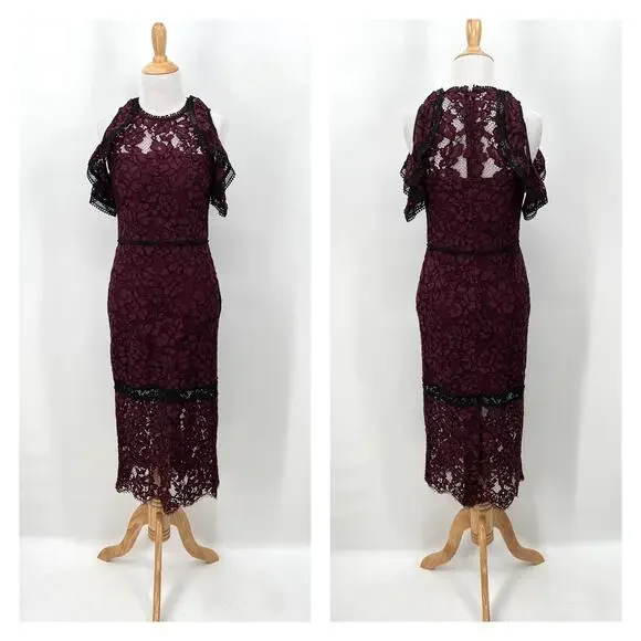 ALEXIS Evie Lace Midi Sheath Dress Womens Small Burgundy Crew Neck Cold Shoulder - Picture 4 of 16